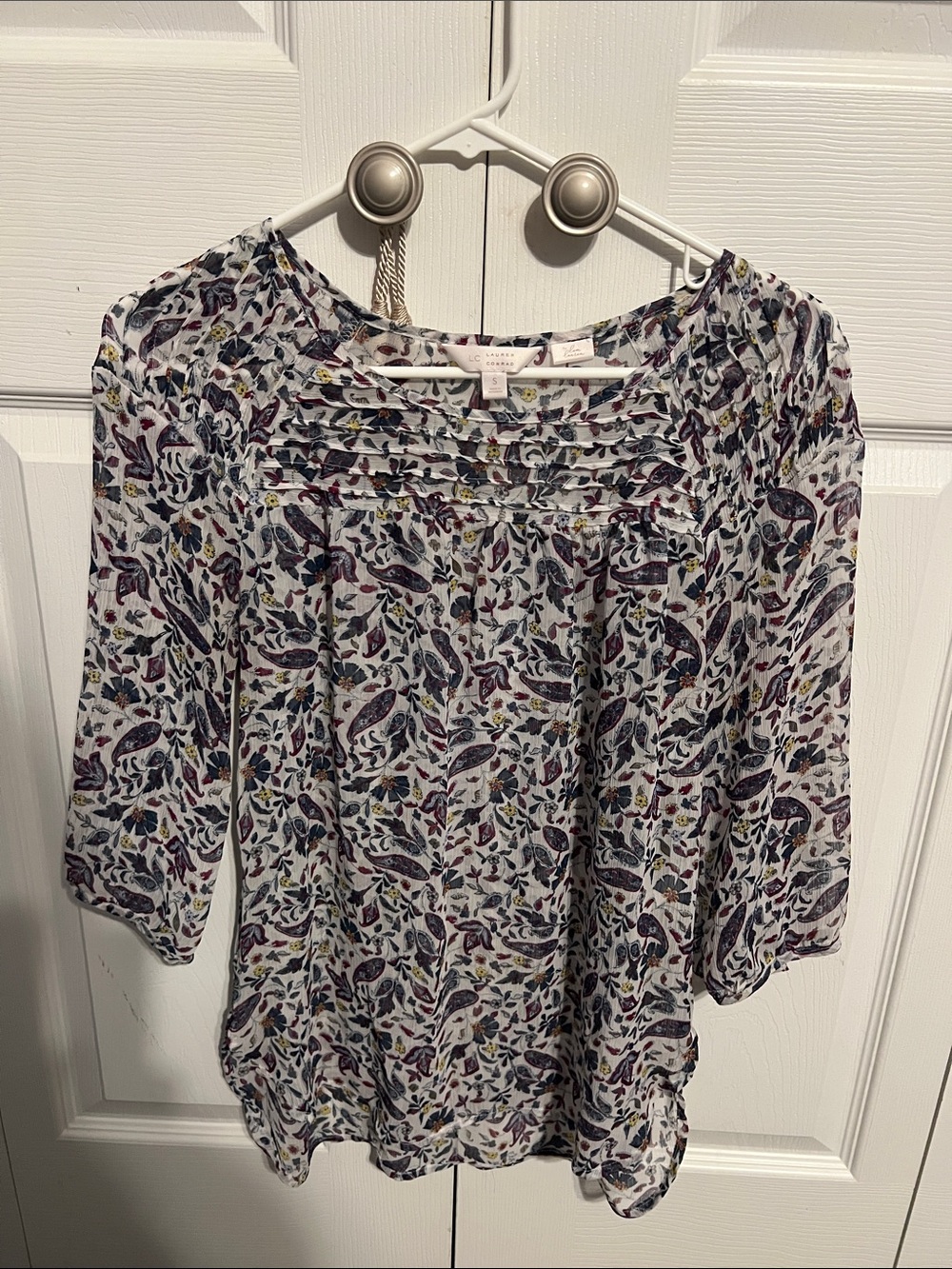 LOFT White Blouse with Navy & Plum Floral Print
